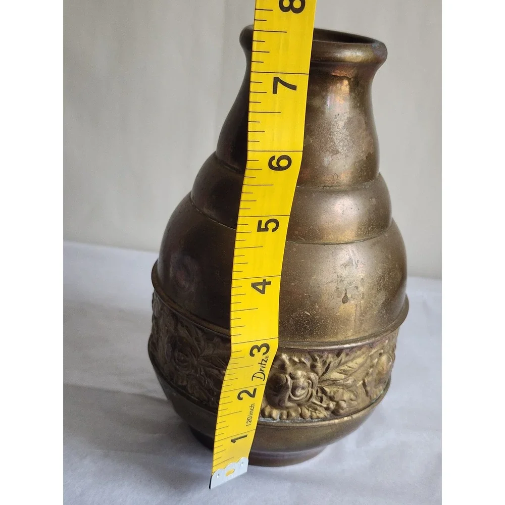 Vintage Brass Beehive Vase Embossed Floral Rose Band Tiered Bud Vase Patina